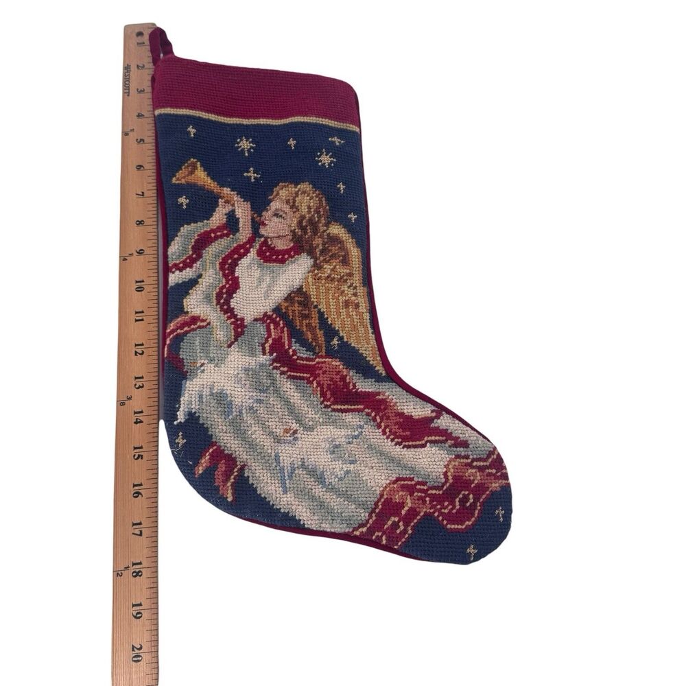 Imperial Elegance Chistmas Stocking Angel Horn Red Blue Wool Needlepoint VTG
